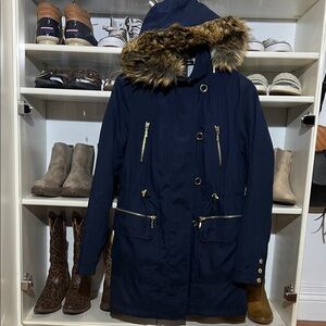 INC International Concepts Navy Jacket with Faux Fur Hood